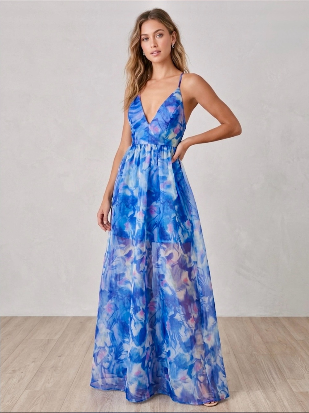 NWT Lulu's Bloom Wildly Maxi Dress Open Back Watercolor Fairy Organza Blue Sz XS - Picture 16 of 16